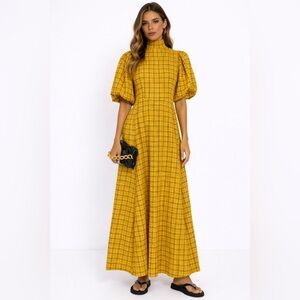 $250 Selected Femme Elegant Yellow Plaid Maxi Dress Arrowood EU40 Large New